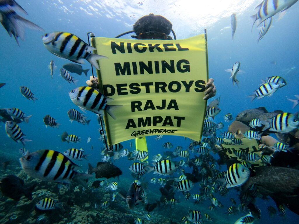 Poster protes dengan latar belakang gelap menampilkan tulisan besar berwarna merah menyala: "NICKEL MINING DESTROYS RAJA AMPAT". Desainnya sederhana namun powerful, menyampaikan pesan perlawanan terhadap dampak destruktif pertambangan nikel terhadap lingkungan Raja Ampat.