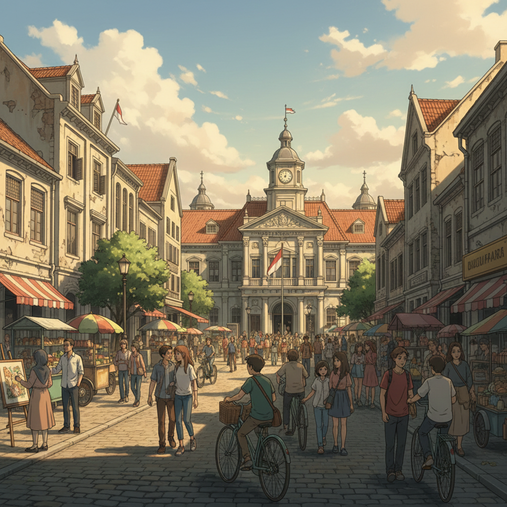 Pemandangan jalanan di kawasan kota tua Indonesia dengan deretan bangunan kolonial bersejarah.