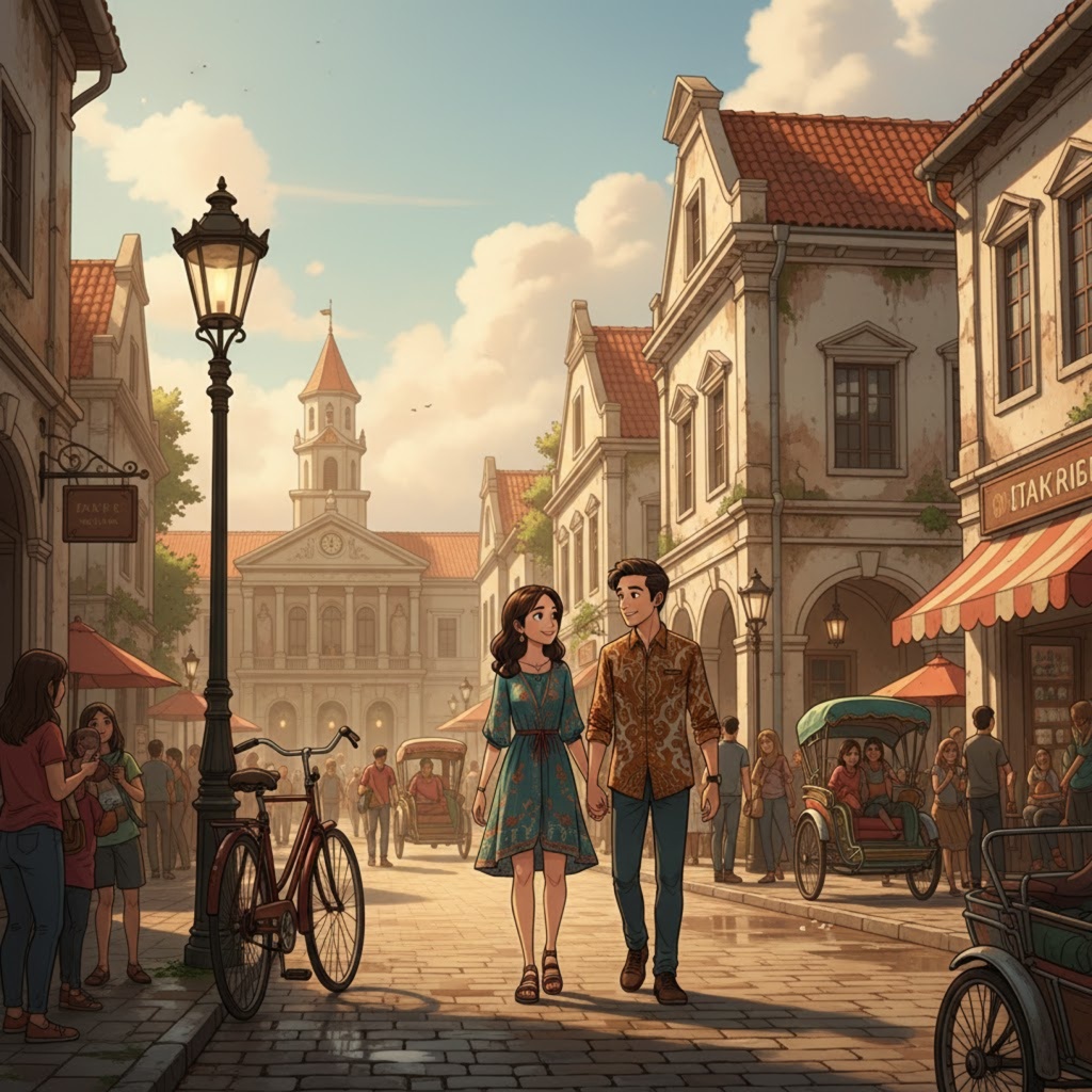 Sepasang kekasih berjalan di jalanan kota tua kolonial di Jawa, dengan latar bangunan bersejarah bergaya Belanda.