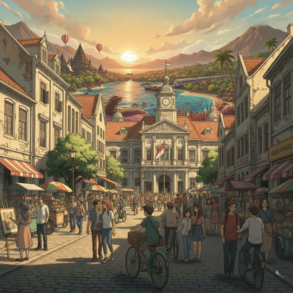 Kolase ilustrasi berbagai destinasi wisata Indonesia, menampilkan pantai, gunung, candi, dan kota tua yang mewakili pesona alam dan budaya Nusantara.